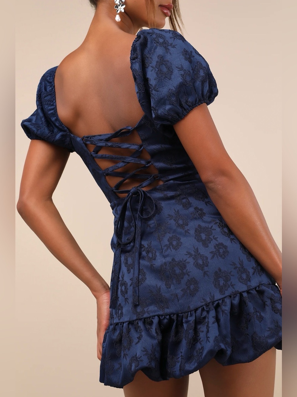 Lulus Exceedingly Delightful Navy Blue Jacquard Puff Sleeve Mini Dress Sz Medium - Picture 3 of 9
